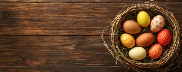 A colorful assortment of decorated Easter eggs arranged in a straw nest on a rustic wooden surface.