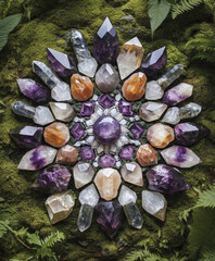 An elegant and calming depicting a variety of healing crystals such as amethyst, rose quartz, and clear quartz, arranged in a symmetrical mandala pattern. 