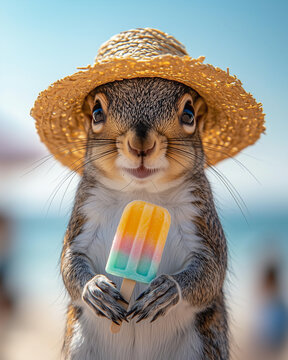 A squirrel in a straw hat holding ice popsicle at the beach  in summer 