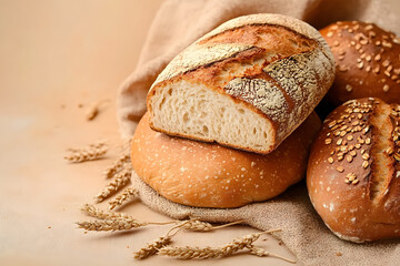 Loaves of fresh bread with buns and wheat spikelets on beige background