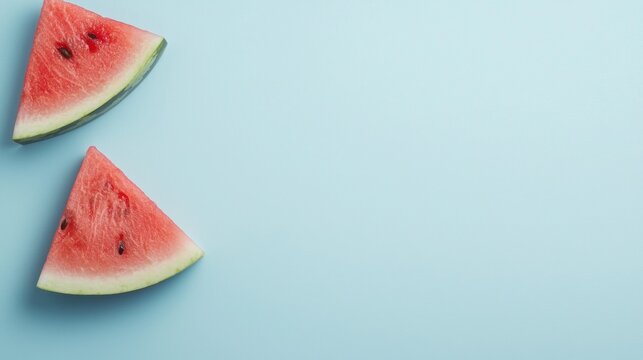 Two slices of watermelon on a light blue background. the slices are arranged in a diagonal line, with one slice on the left and one on the right.
