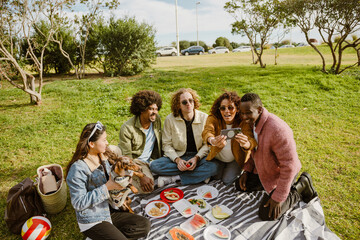 A multinational group of young people having fun with friends at a picnic outdoors on a sunny day,...