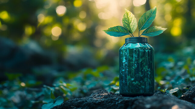 A green battery with two leaves growing from its top symbolizes eco-friendly energy and sustainable power solutions, representing a future focused on clean technology and nature preservation