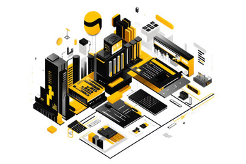 Isometric illustration featuring a futuristic city with yellow and black color scheme
