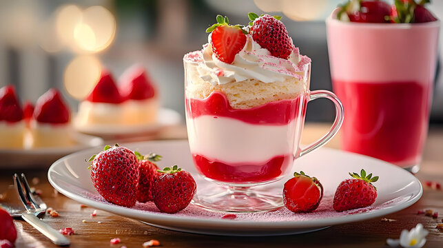 A dish of chou cream and a glass of stawberry chease cake with a cup