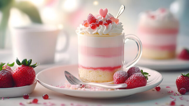 A dish of chou cream and a glass of stawberry chease cake with a cup