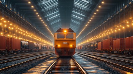 Fototapeta premium An industrial interior of a cargo terminal features a vibrant freight train positioned on well lit tracks, surrounded by waiting containers and cargo wagons, illustrating modern logistics.