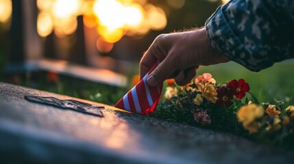 Obraz premium A hand places a small flag on a memorial at sunset
