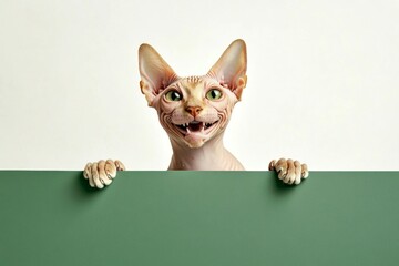 Obraz premium Isolated cat on a solid attire pure white background. Friendly animal pose. Ð¡ute adult cat sphynx hold in front paws a prototype - large green boulevard sign. Cat in marketing. Kitten ad visual.