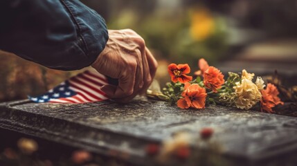 Someone placing flowers and a flag on a tombstone in remembrance