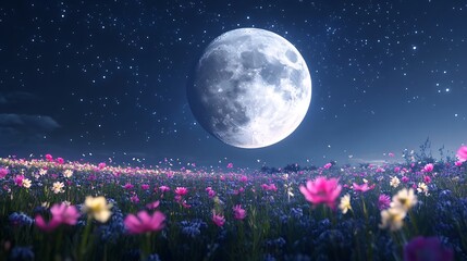 Majestic moon glowing above a field of blossoms photos