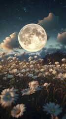 Fototapeta premium The full moon over a colorful field of flowers image