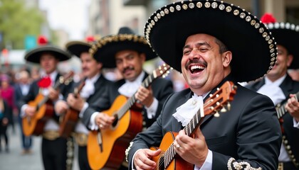 Joyful mariachi band performing outdoors during festive street celebration