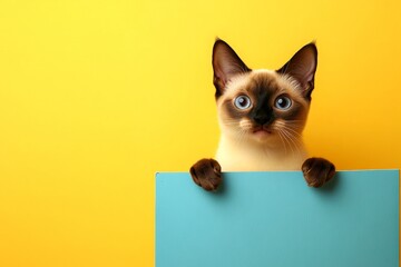 Ad photo with creature. Cute poster mockup shot. Isolated cat on a solid suit yellow background. Pet on ad board. Ð¡ute adult cat siamese hold in front paws a prototype - large blue lane sig.