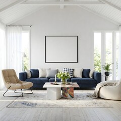 Frame mockup, ISO A paper size. Living room wall poster mockup. Interior mockup with house background. Modern interior design. 3D render