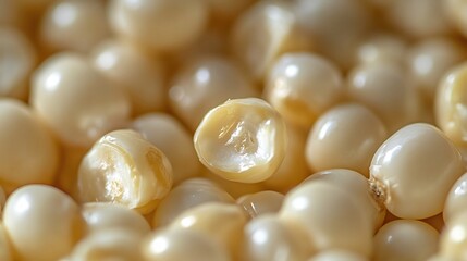 Extreme close up of Peruvian Giant White Corn kernels smooth glistening with natural moisture intricate textures magnified warm natural lighting enhancing their ivory white hues