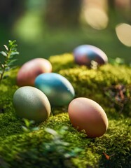 Fototapeta premium Colorful easter eggs on moss in sunlit forest setting