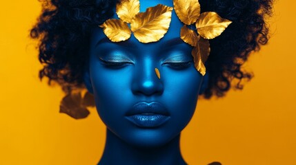  Creative fashion portrait with blue skin and golden leaves on yellow background