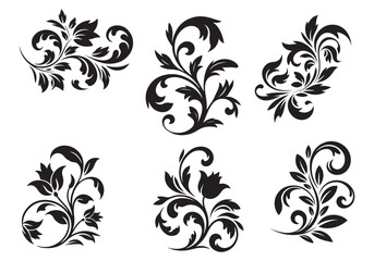 Set of Floral Swirl Designs, Elegant Decorative Elements, Black Silhouette Vector Illustrations