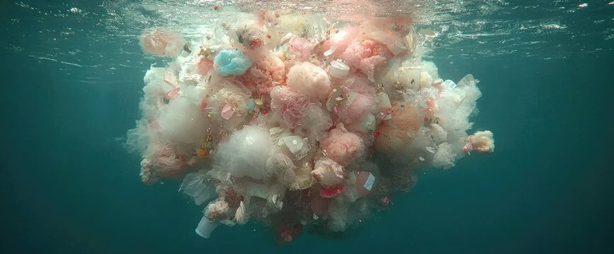 A mass of plastic debris floats in the ocean, a stark reminder of pollution's impact on our marine ecosystems