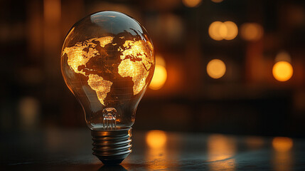 A vibrant double exposure of a world map inside a light bulb, radiating bright energy lines against a dark background, symbolizing global innovation and modern connectivity