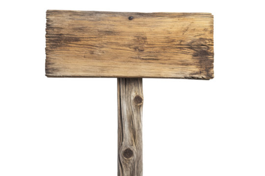 A weathered wooden signpost with a rectangular blank sign against a black background plain view