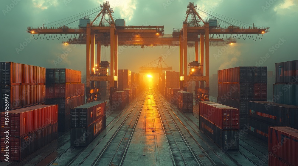 Poster freight containers are organized in a distribution center as the sun sets behind towering cranes, ca