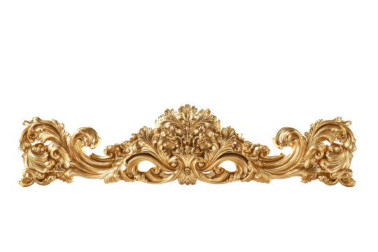 A detailed golden baroque ornament with intricate swirls and floral designs on a black background