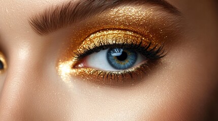 Fototapeta premium The image is a close-up of an eye with a blue iris and golden eyeshadow on the eyelid