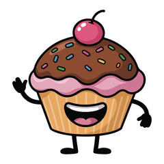 Cute Cartoon Cupcake Character, Smiling Cupcake with Sprinkles, Fun Kids Illustration