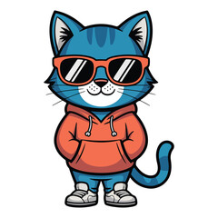 Cool Cartoon Cat Character, Stylish Cat with Sunglasses and Hoodie, Fun Kids Illustration