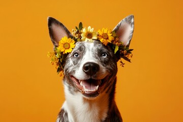 Cute adult dog siberian husky wearing feral flower crown on its head - symbol of sunny summertime. Isolated yellow background, copy space, marketing visual idea. Professional studio image.