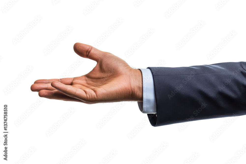 Wall mural a hand extended in a gesture of offering wearing a suit sleeve on a black background image view