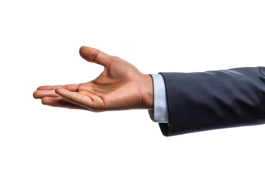 A hand extended in a gesture of offering wearing a suit sleeve on a black background image view