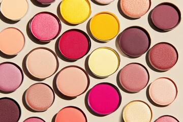 Cosmetic beauty products, including eye shadows, pigments, lipsticks, and other professional makeup items, are showcased on a beige background along with necessary brushes and tools