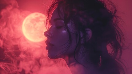Fototapeta premium Mystical woman silhouette with red full moon and smoke