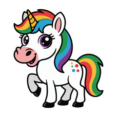 Cute Cartoon Unicorn Character, Colorful Unicorn with Rainbow Mane, Kids Illustration