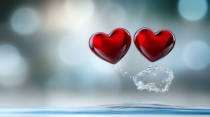 Two glossy red hearts floating above rippling water surface with dreamy bokeh background and delicate splash reflection creates romantic atmosphere.
