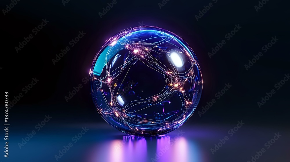 Poster glowing sphere with interconnected light trails and nodes creating futuristic network visualization 