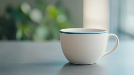 Close-up of a white ceramic mug with a blue rim. the mug is sitting on a grey surface with a blurred background of greenery. the handle of the mug is visible on the right side of the image.