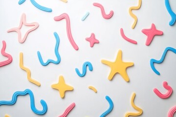 Colorful abstract shapes on white background - stars and swirls