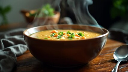 A steaming bowl of soup filled with nourishing vegetables and savory broth. The comforting image is perfect for conveying warmth, health, and the appeal of homemade meals. 
