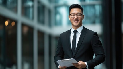 Businessman Smiling with Confidence, Dressed in a Suit and Holding a Report