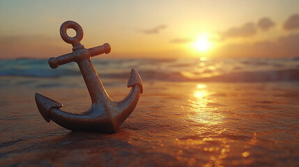 An anchor gently resting on a peaceful beach during sunrise or sunset, symbolizing tranquility, stability, and grounding in faith amidst the serenity of nature's beauty