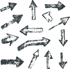 Hand drawn sketch of various black and white arrows pointing in different directions. Vector illustration