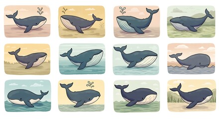 Obraz premium Cute Whale Cartoon Illustrations with Ocean Backgrounds for Children Projects