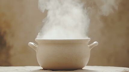 White ceramic pot with rising steam on wooden surface against neutral background, creating minimalist cooking atmosphere for food and culinary concepts.