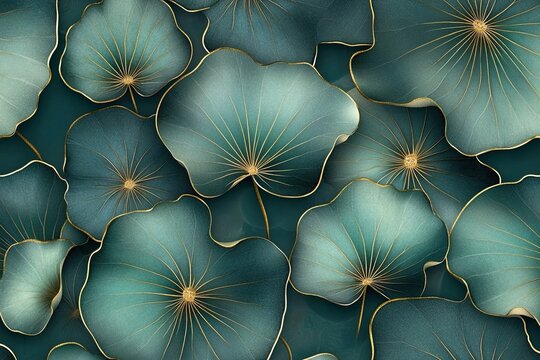 Seamless pattern with gotu kola or centella asiatica showing teal and gold luxury design