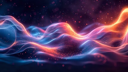 Obraz premium Vibrant cosmic waves blend orange and blue colors in space, creating dynamic flowing energy streams against starry dark background with glowing particles and light effects.