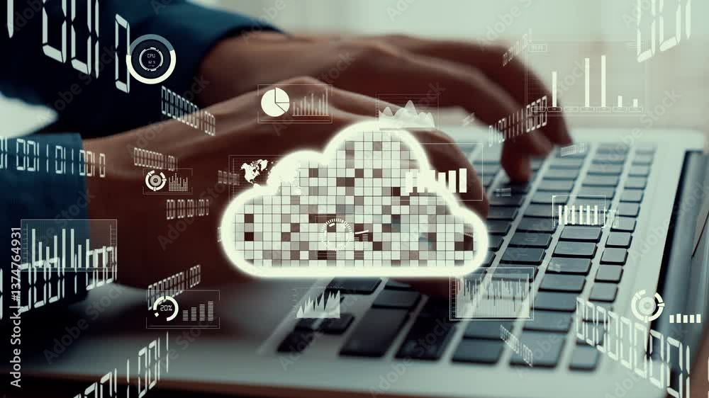 Poster businessman uses capable laptop computer to connect to cloud computing network for team data sharing